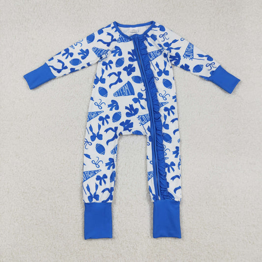 LR2511  Baby Girls Blue Bows Footballs Plaid Ruffle Zipper Team Rompers   D 908