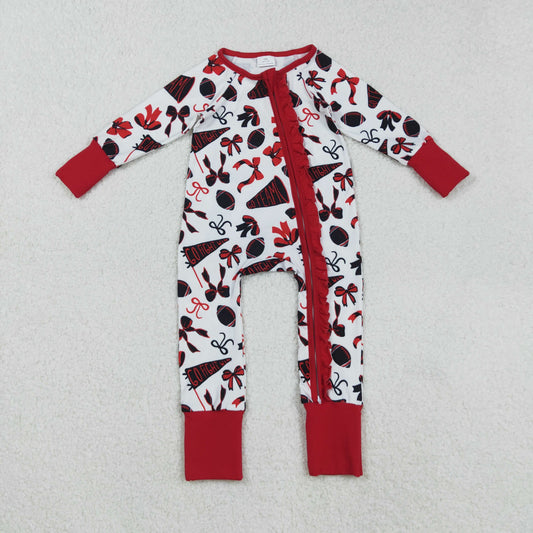 LR2512 Baby Girls Red Bows Footballs Plaid Ruffle Zipper Team Rompers D 904