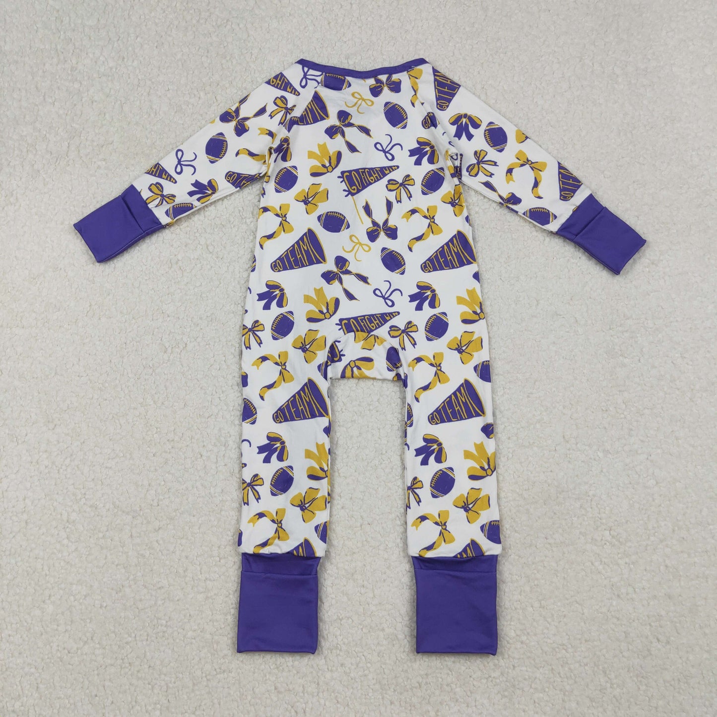 LR2513  Baby Girls Purple Bows Footballs Plaid Ruffle Zipper Team Rompers  D 929