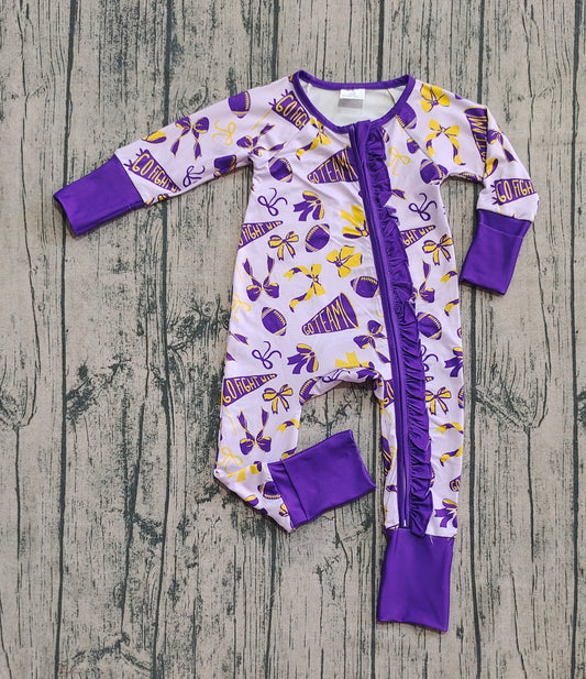 presale LR2513  Baby Girls Purple Bows Footballs Plaid Ruffle Zipper Team Rompers  D 8.11