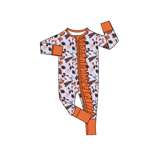 presale LR2514  Baby Girls Orange Bows Footballs Plaid Ruffle Zipper Team Rompers D 7.29