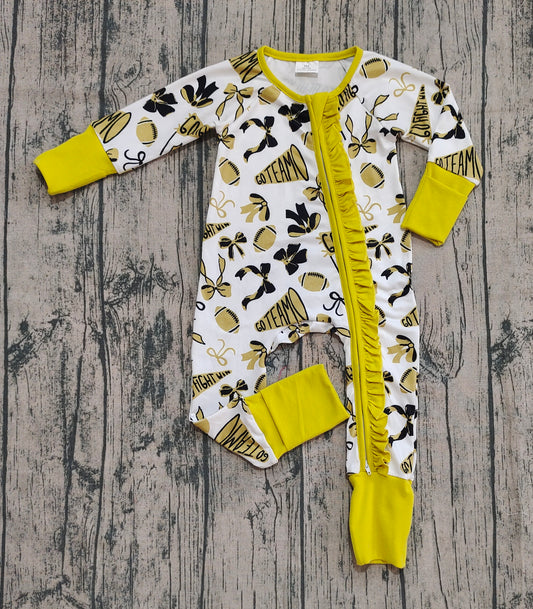 presale LR2515 Baby Girls Green Bows Footballs Plaid Ruffle Zipper Team Rompers  D 7.29