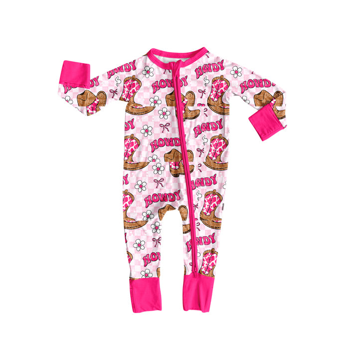 LR2516  Baby Girls Western Howdy Boots Plaid Zipper Footie Rompers D 1013