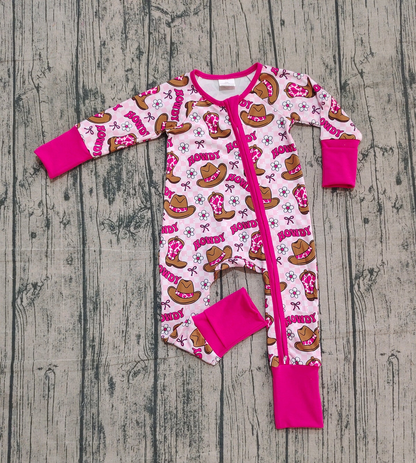 presale LR2516  Baby Girls Western Howdy Boots Plaid Zipper Footie Rompers D 1013