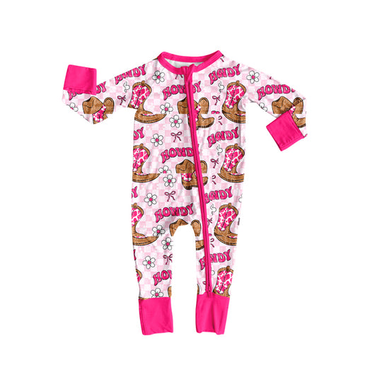 presale LR2516  Baby Girls Western Howdy Boots Plaid Zipper Footie Rompers D 7.29