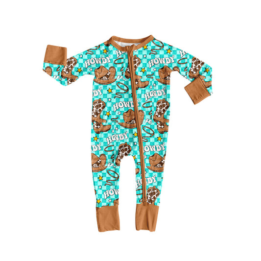 presale LR2517   Baby Boys Western Howdy Hats Plaid Zipper Footie Rompers D 7.29