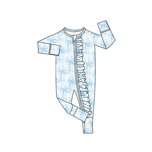 presale LR2518 Baby Girls Blue Bows Floral Plaid Ruffle Zipper Footie Rompers  D 7.29
