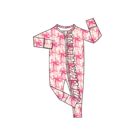 presale LR2519 Baby Girls Pink Bows Floral Plaid Ruffle Zipper Footie Rompers D 7.29