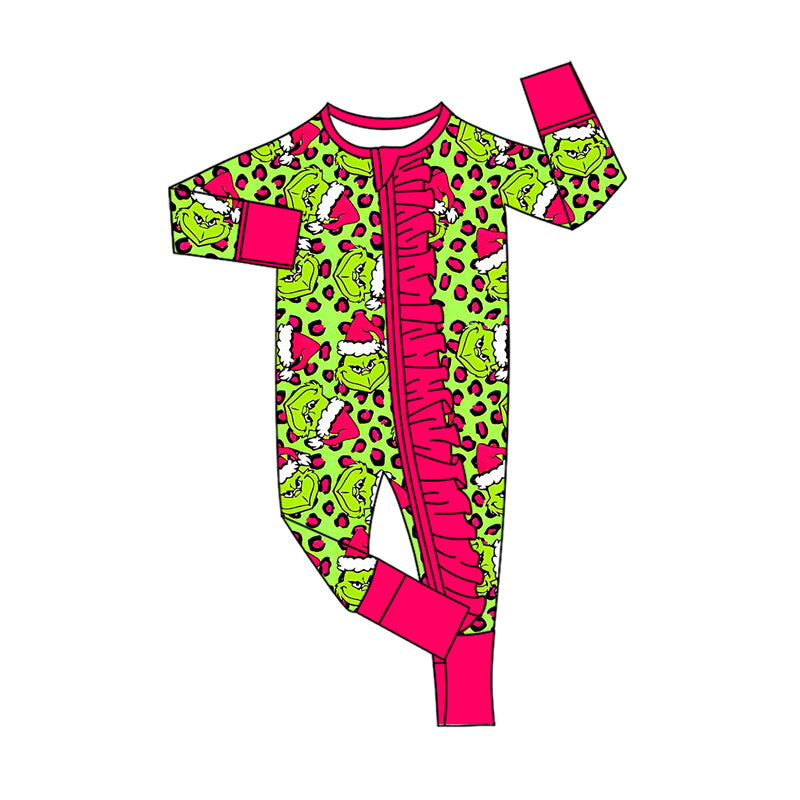 LR2520 Baby Girls Christmas Green Face Leopard Ruffle Zipper Footie Rompers  D 1022