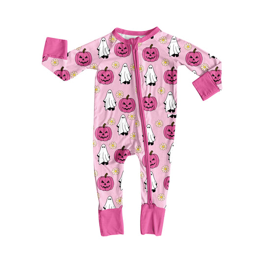 presale LR2522  Baby Boys Ghost Pumpkins Flowers Halloween Zipper Footie Rompers D 7.29