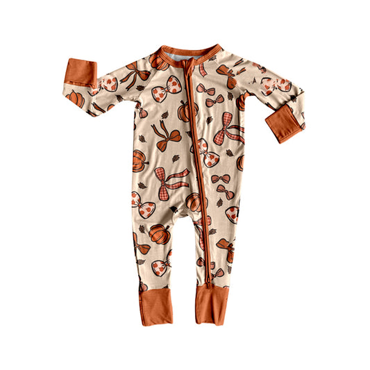 presale LR2524 Beige long-sleeved zip-up bodysuit with pumpkin leaf and bow pattern  D 8.4