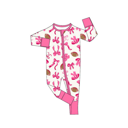 presale LR2526 Baby Girls Pink Footballs Bows Plaid Team Zipper Footie Rompers D 8.5