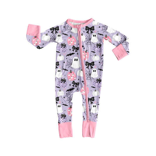 presale LR2527 Baby Girls Ghost Pumpkins Plaid Halloween Zipper Footie Rompers  D 8.5