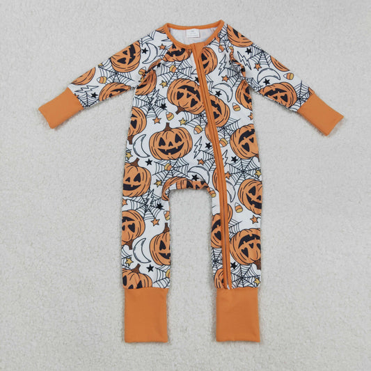 LR2528  Baby Boys Spider Web Pumpkins Halloween Zipper Footie Rompers D 8.5