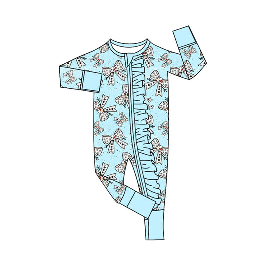 presale LR2530  Baby Girls Blue Snowmen Bows Plaid Christmas Zipper Footie Rompers  D 8.5