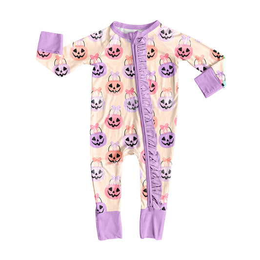 presale LR2535  Baby Girls Ghost Pumpkins Plaid Halloween Zipper Footie Rompers  D 8.6