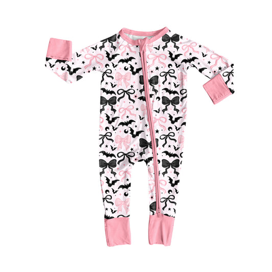 presale LR2536 Baby Girls Bows Bats Plaid Halloween Zipper Footie Rompers D 8.6