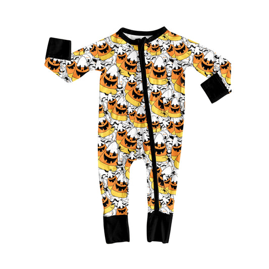 presale LR2537 Baby Girls Ghost Candy Plaid Halloween Zipper Footie Rompers  D 8.6