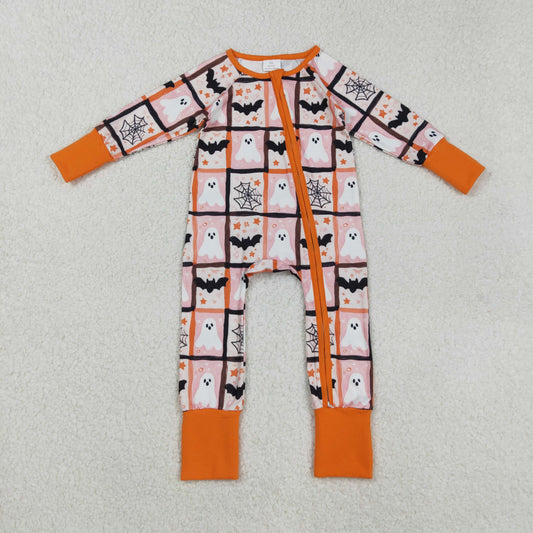 LR2539  Baby Boys Ghosts Bats Plaid Halloween Zipper Footie Rompers D 8.6