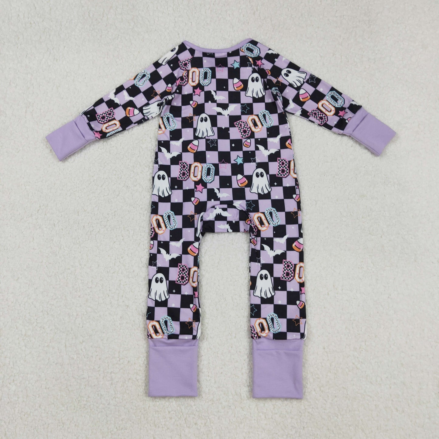LR2541 Baby Girls Black Plaid Ghosts Candy Halloween Zipper Footie Rompers D 904