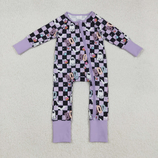 LR2541 Baby Girls Black Plaid Ghosts Candy Halloween Zipper Footie Rompers D 904