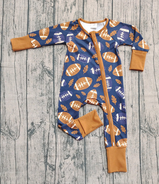 presale LR2543 Baby Boys Leaves Footballs Plaid Fall Zipper Footie Rompers  D 8.6