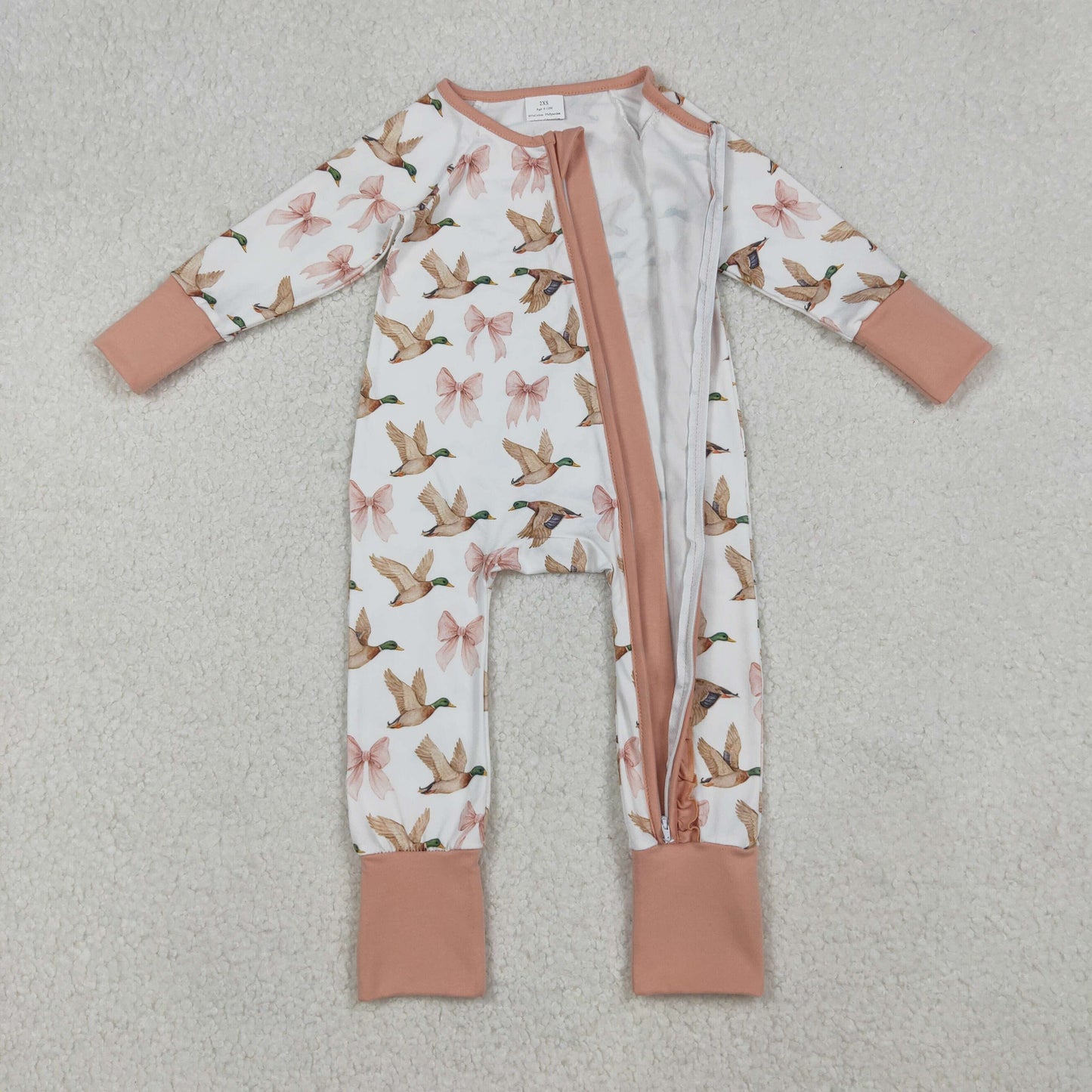 LR2545 Baby Girls Ducks Bows Plaid Ruffle Zipper Footie Rompers D 930