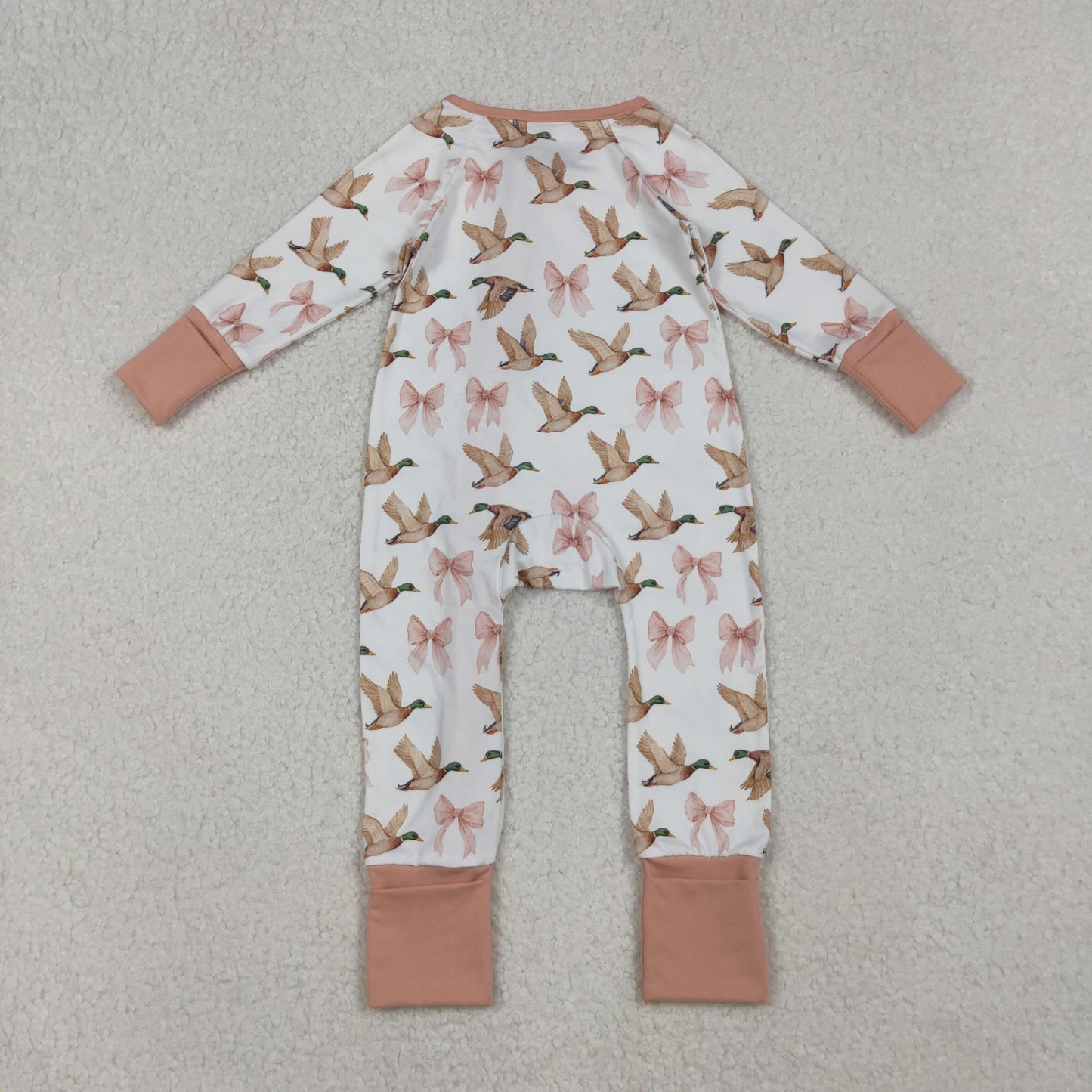 LR2545 Baby Girls Ducks Bows Plaid Ruffle Zipper Footie Rompers D 930