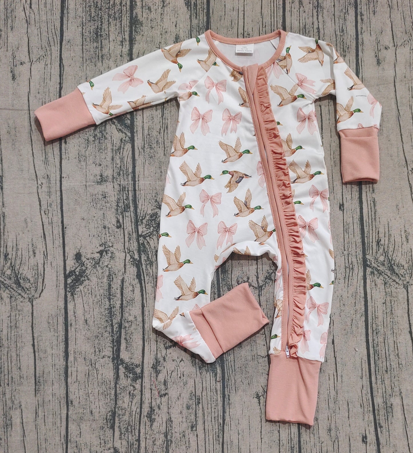 LR2545 Baby Girls Ducks Bows Plaid Ruffle Zipper Footie Rompers D 930