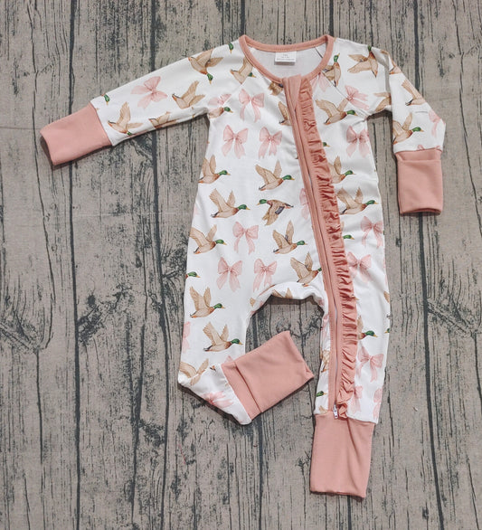 presale LR2545 Baby Girls Ducks Bows Plaid Ruffle Zipper Footie Rompers D 8.7