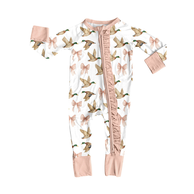 LR2545 Baby Girls Ducks Bows Plaid Ruffle Zipper Footie Rompers D 930