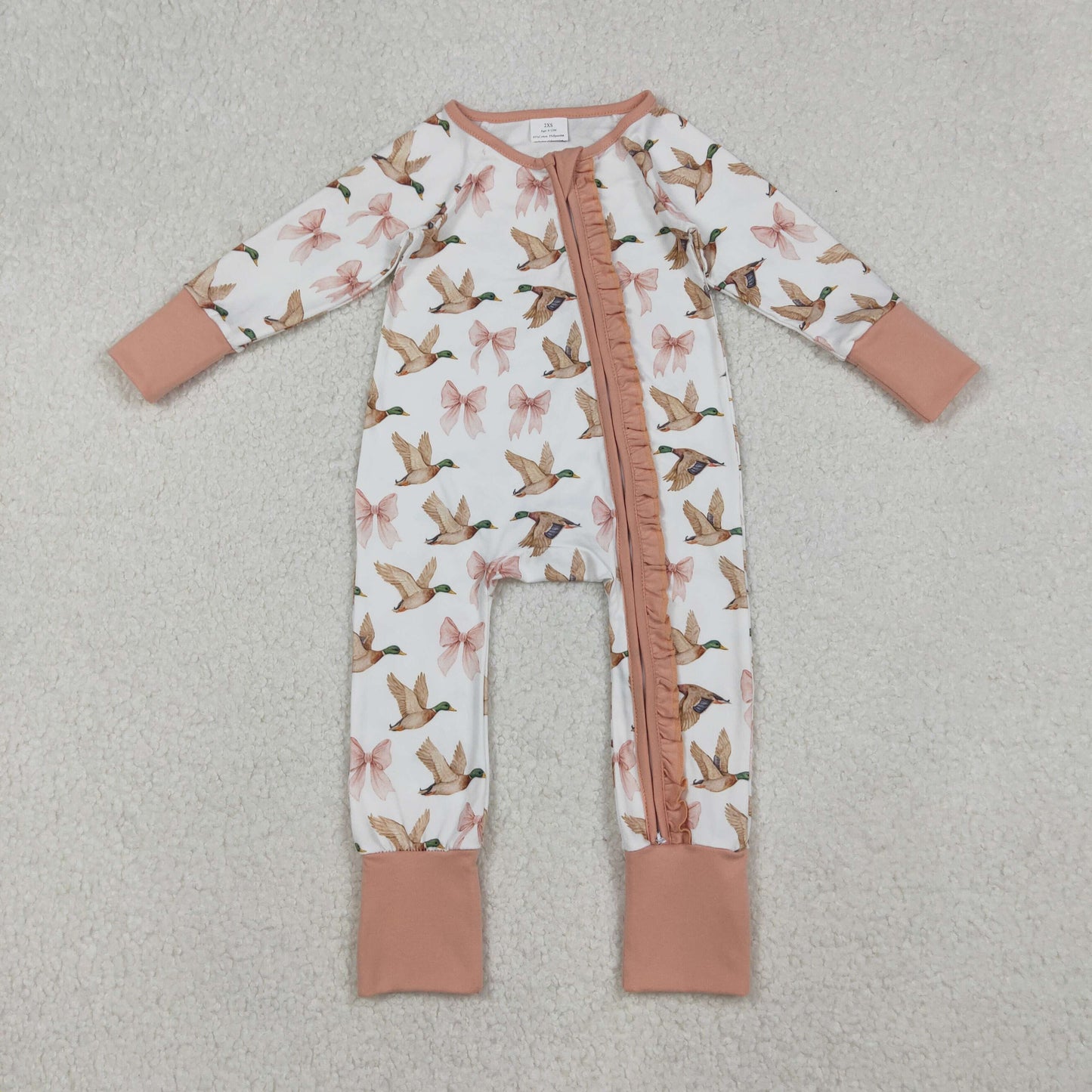 LR2545 Baby Girls Ducks Bows Plaid Ruffle Zipper Footie Rompers D 930