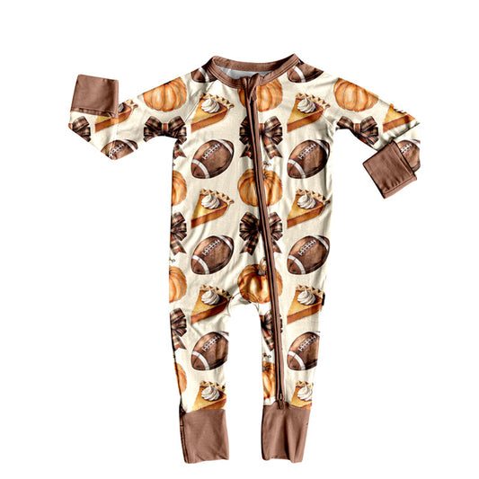 presale LR2546 Baby Boys Footballs Bows Pie Fall Zipper Footie Rompers  D 8.7