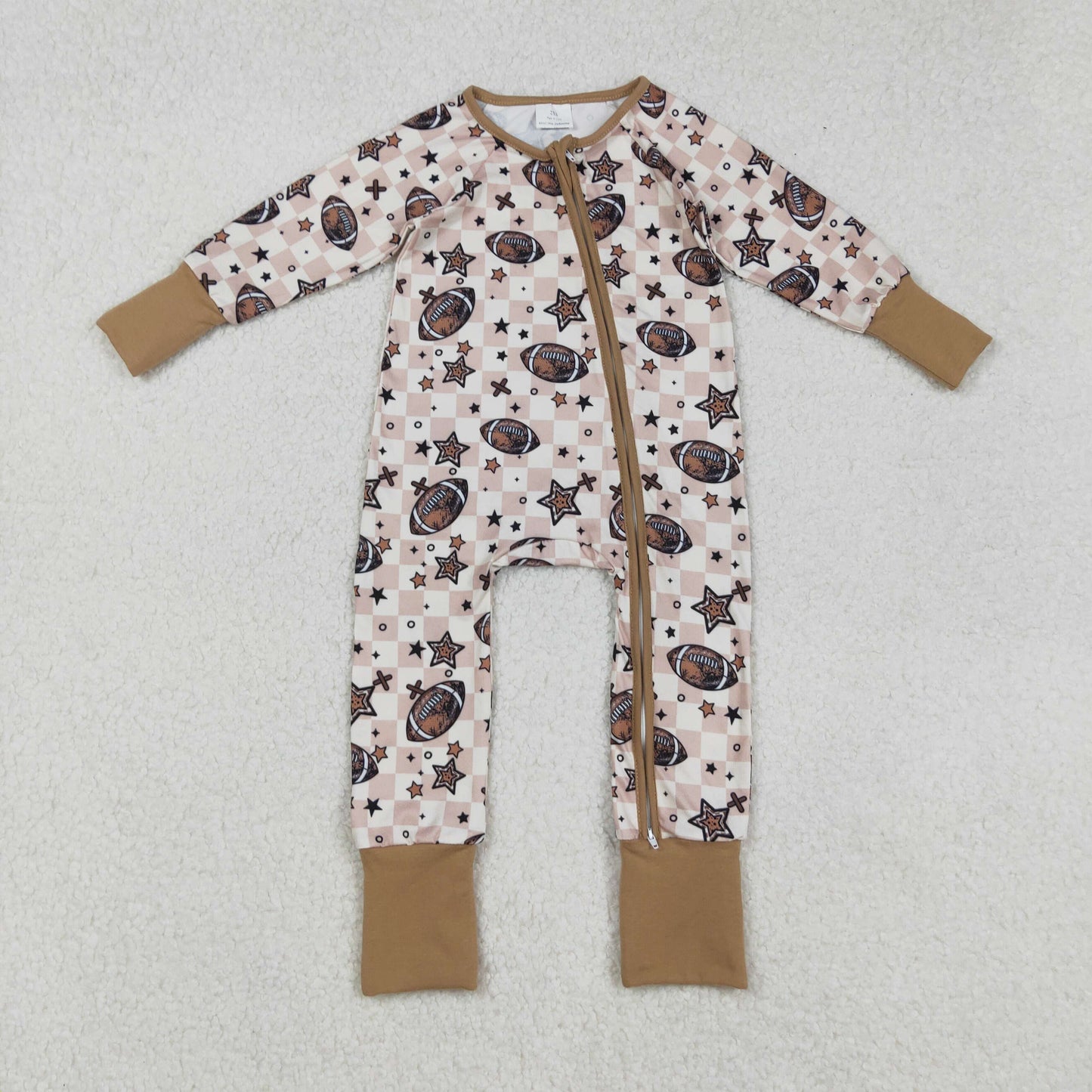 LR2548  Baby Boys Footballs Stars Plaid Team Zipper Footie Rompers  D 8.7