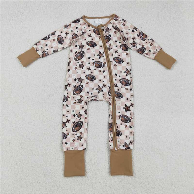 Sibling Baby Boys Khaki Checked Stars Footballs Pullovers Pockets Pants Team Clothes Sets Zipper Footie Rompers  D 919