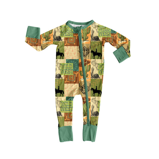 presale  LR2549 Baby Boys Bull Skull Cactus Western Zipper Footie Rompers  D 8.7
