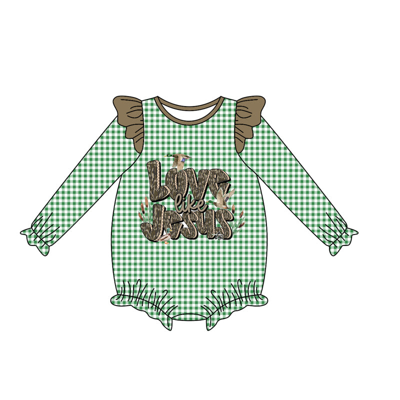 presale LR2551 Baby Girls Green Plaid Ducks Jesus Western Rompers  D 8.7