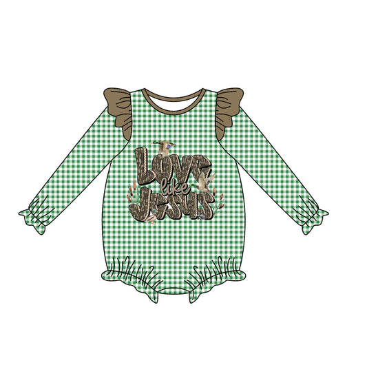 presale LR2551 Baby Girls Green Plaid Ducks Jesus Western Rompers  D 8.7