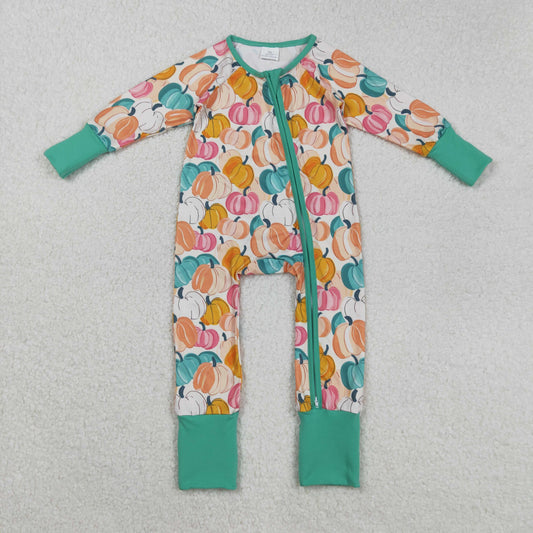 LR2552 Baby Girls Colorful Pumpkins Plaid Fall Zipper Footie Rompers D 8.7