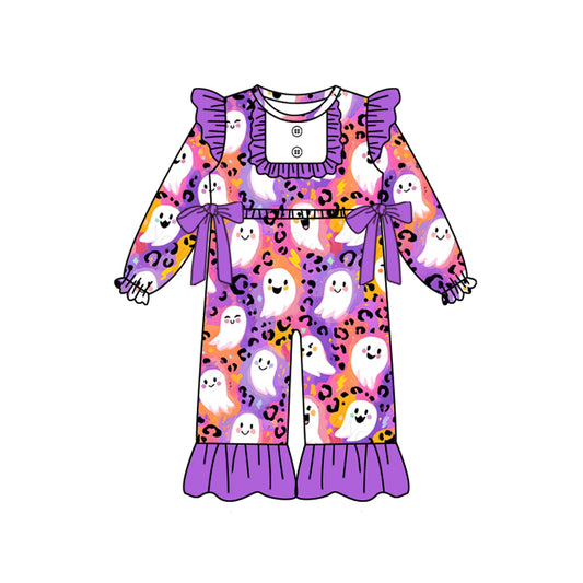 presale  LR2553  Baby Girls Purple Leopard Ghost Bows Ruffle Pants Halloween Rompers    D 8.7