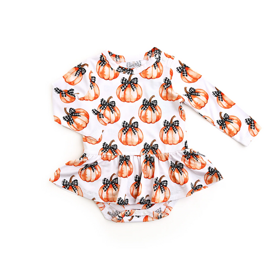 presale LR2556  Baby Girls Bows Pumpkins Ruffle Bummies Fall Rompers   D 8.9