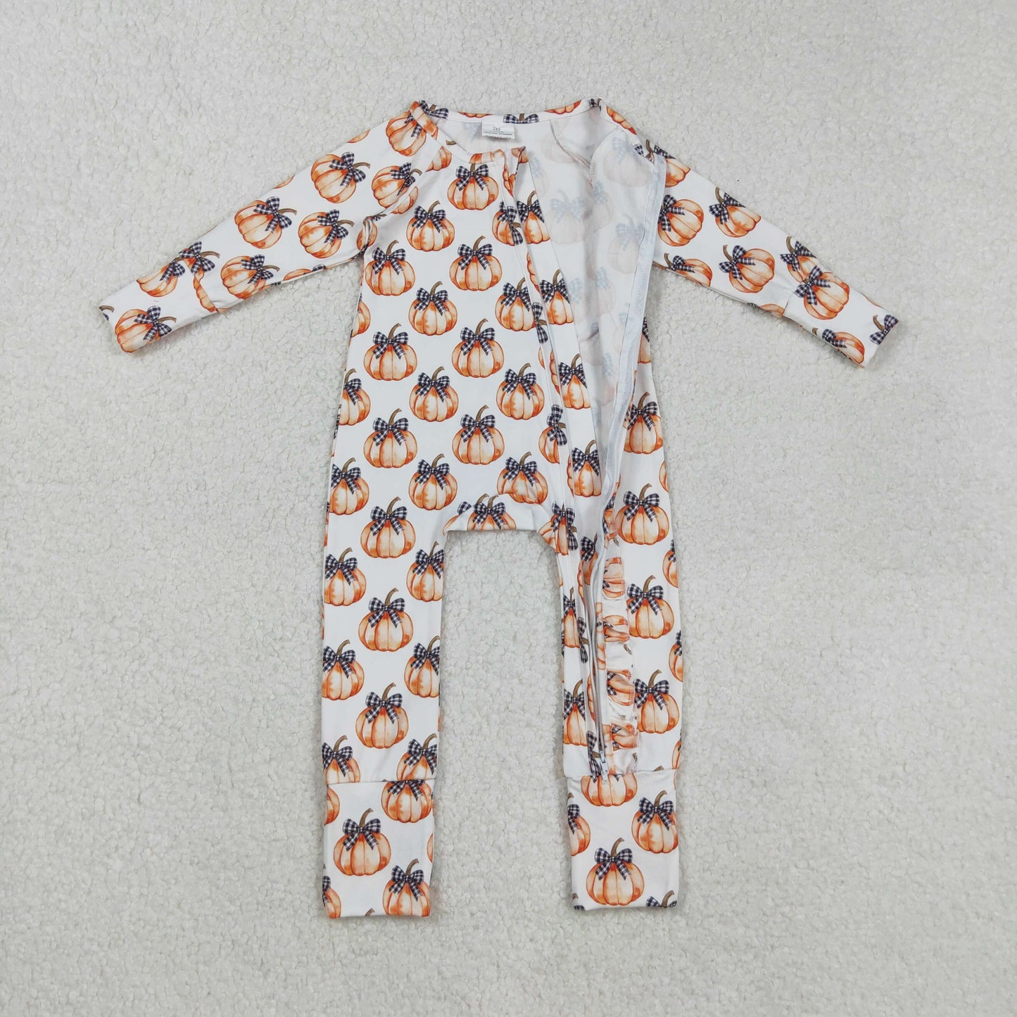 LR2557 Baby Boys Bows Pumpkins Fall Zipper Footie Rompers   D 903