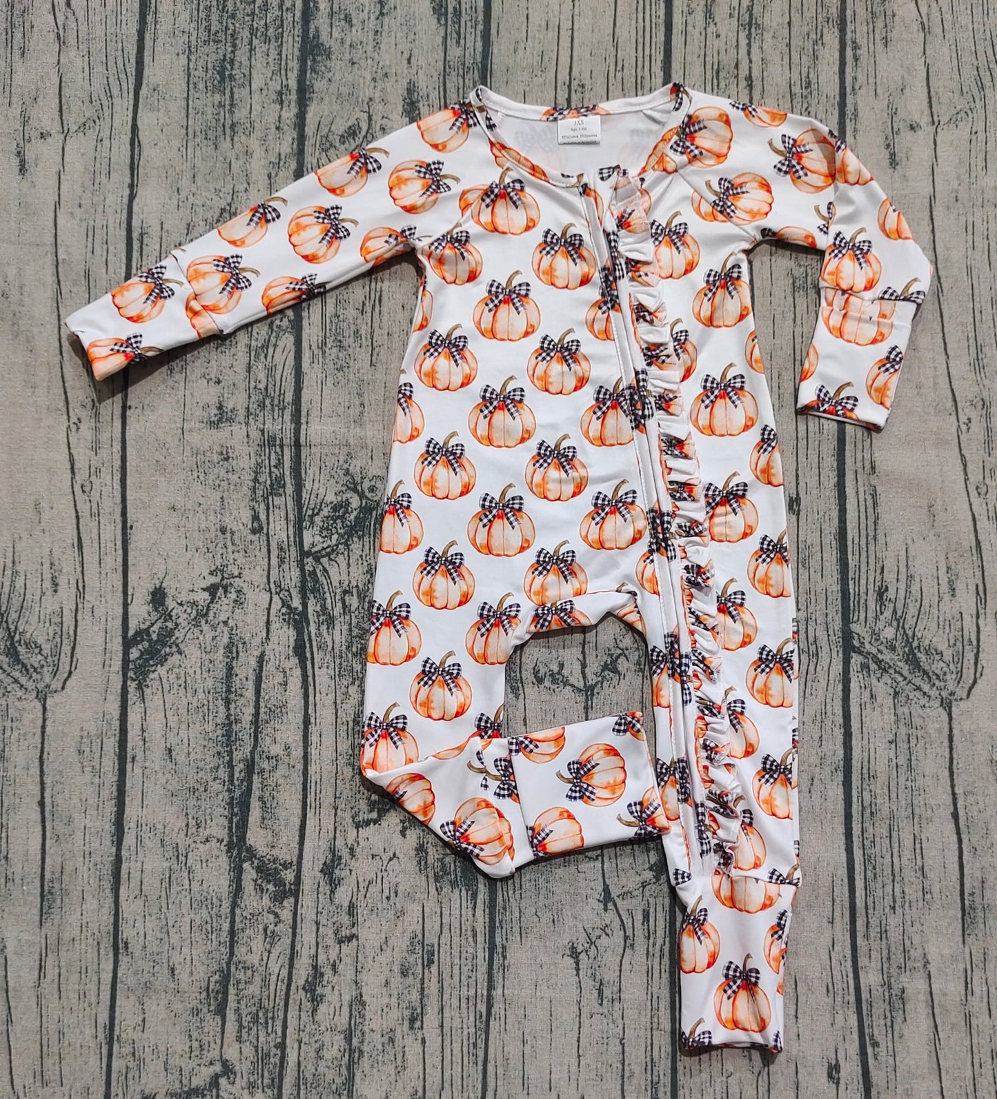 LR2557 Baby Boys Bows Pumpkins Fall Zipper Footie Rompers   D 903