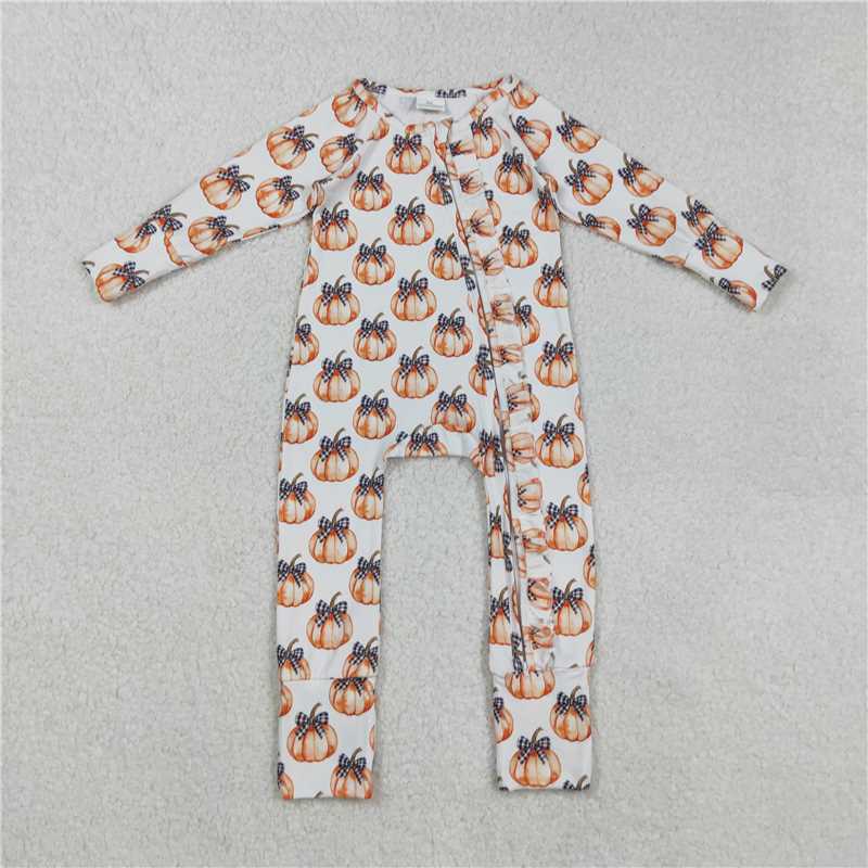Sibling Baby Girls Bows Pumpkins Button Fal Pajamas Clothes Sets Zipper Footie Rompers   D 920