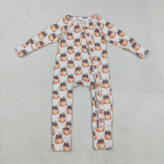 LR2557 Baby Boys Bows Pumpkins Fall Zipper Footie Rompers   D 903