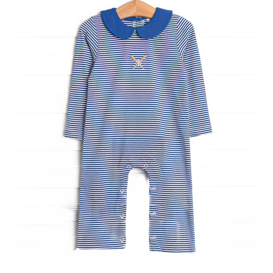 presale LR2558  Baby Boys Blue Stripes Baseball Footie Rompers D 8.9