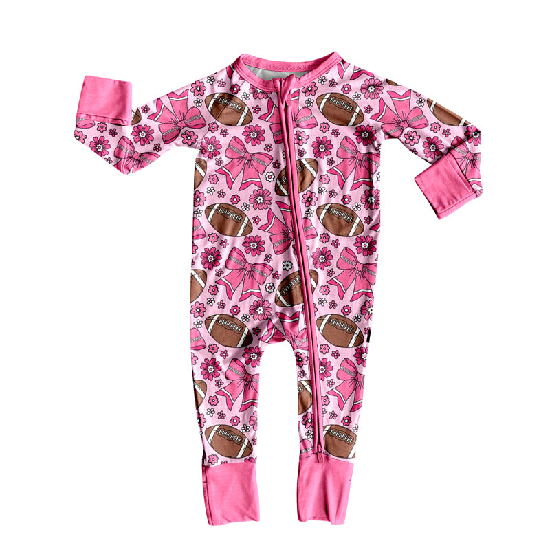 presale LR2559 Baby Girls Pink Bows Flowers Footballs Team Zipper Footie Rompers  D 8.9