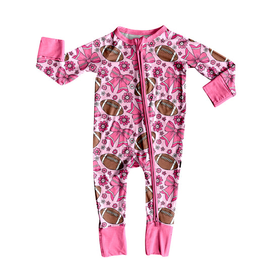 presale LR2559 Baby Girls Pink Bows Flowers Footballs Team Zipper Footie Rompers D 8.9