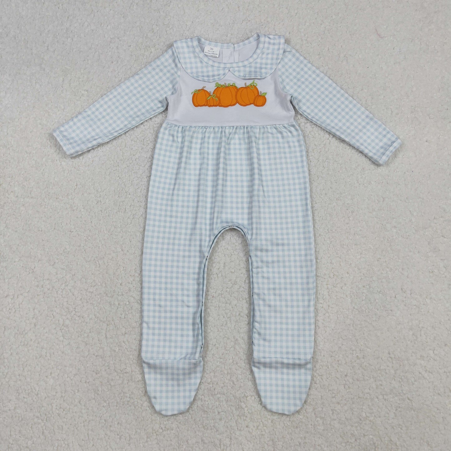 LR2560 Embroidery Pumpkins Baby Girls Blue Plaid Fall Footed Rompers D 926