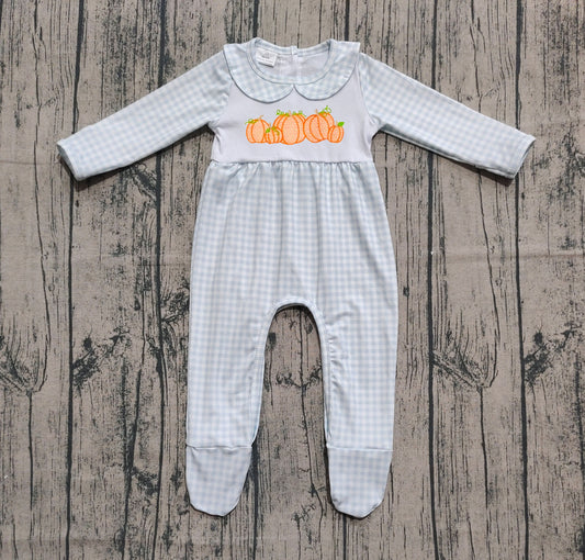 presale LR2560  Baby Girls Light Blue Plaid Pumpkins Fall Footed Rompers D 8.9